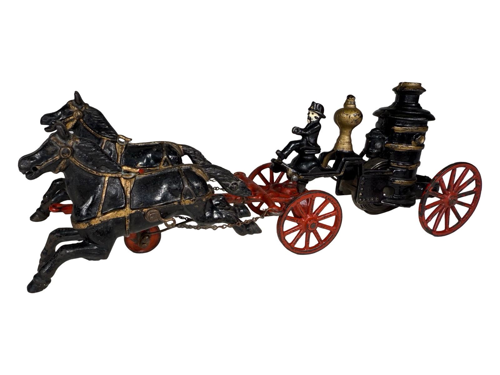 Mechanical Two Horse Fire Pumper - Fascinating Rare Chassis Variation - Cast Iron Toy (1 of 13)