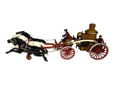 Three Horse Fire Pumper - Rare Specimen with Oversized Horses - Cast Iron Toy