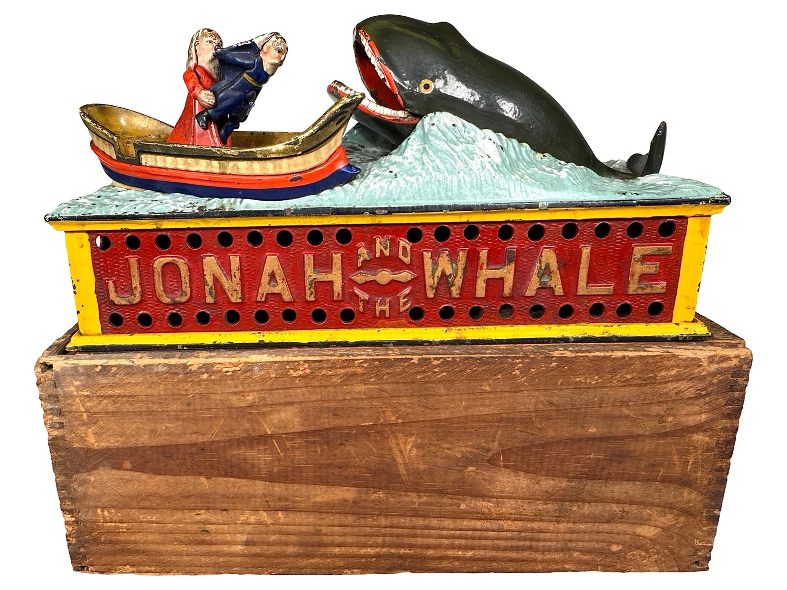 Jonah and the Whale - Cast Iron Mechanical Bank: Made by Shepard Hardware Company. Buffalo, New York - Circa Late 1880's. The parable of Jonah and the Whale plays out in three discrete chapters: disobedience to God while in his service, repentance f