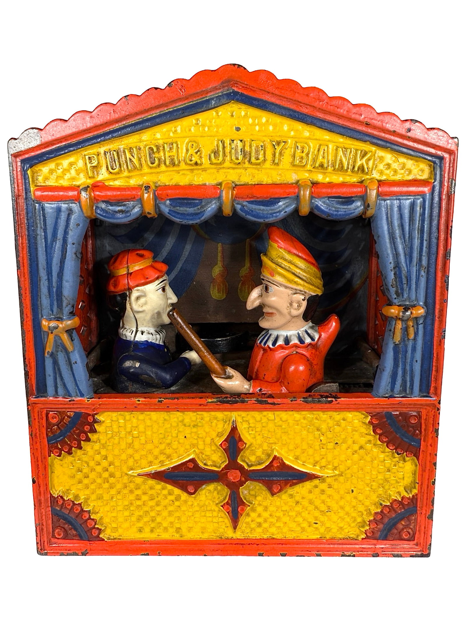 Punch and Judy Bank - Rare Medium Size Letters: Made by Shepard Hardware Company. Buffalo, New York - Circa Late 1880's. Shepard's Punch and Judy Bank was one of the greatest commercial successes in the mechanical bank field of all time. The curtai