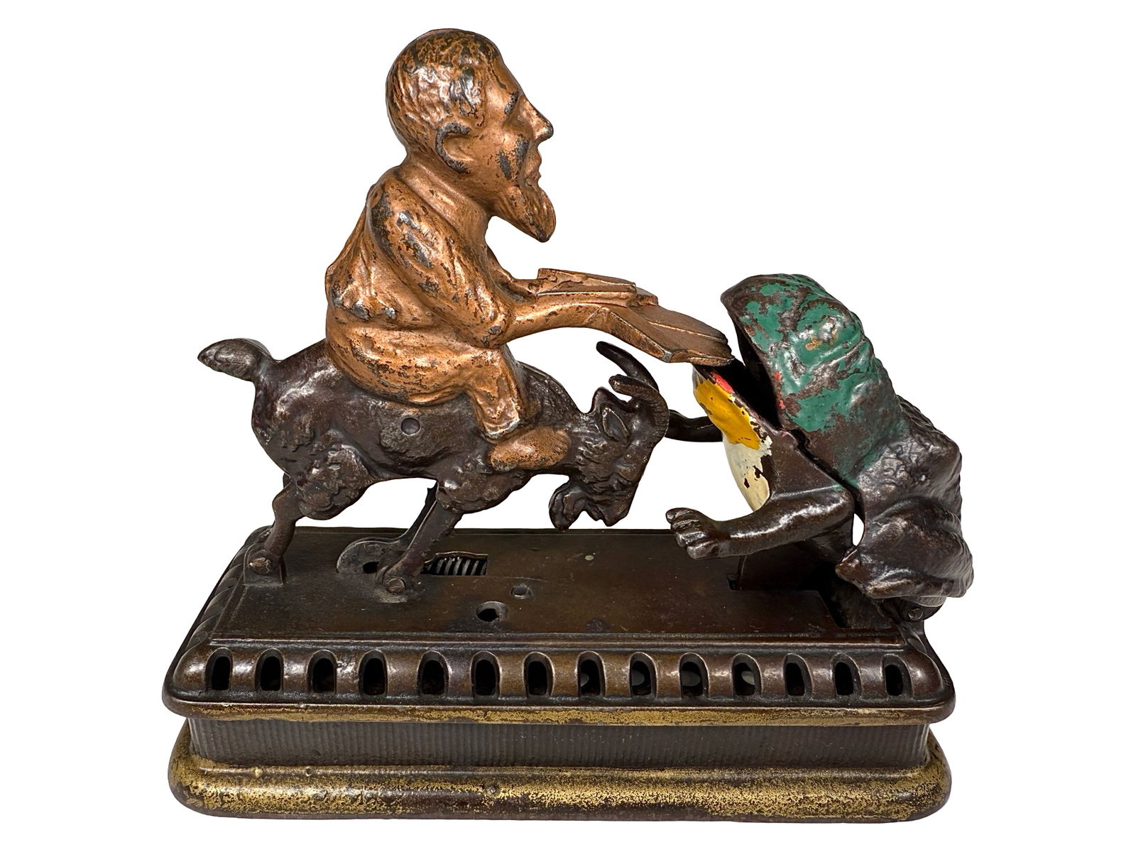 Initiating Bank - 2nd Degree - a. k. a. Goat, Frog an Old Man: Made by Mechanical Novelty Works. New Britain, Ct. - Circa Mid 1880's. Acquired from Donal P. Markey. Pennies are deposited into the frog's mouth from the old man's tray once the activating button is