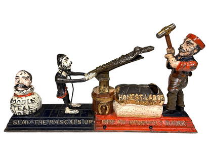 Bread Winners - Cast Iron Mechanical Bank: Made by J. & E. Steven's Company. Cromwell, Connecticut - Circa 1886. Collectors consider the Bread Winners Bank as one of the most historically significant toy banks ever created. Although the symbol