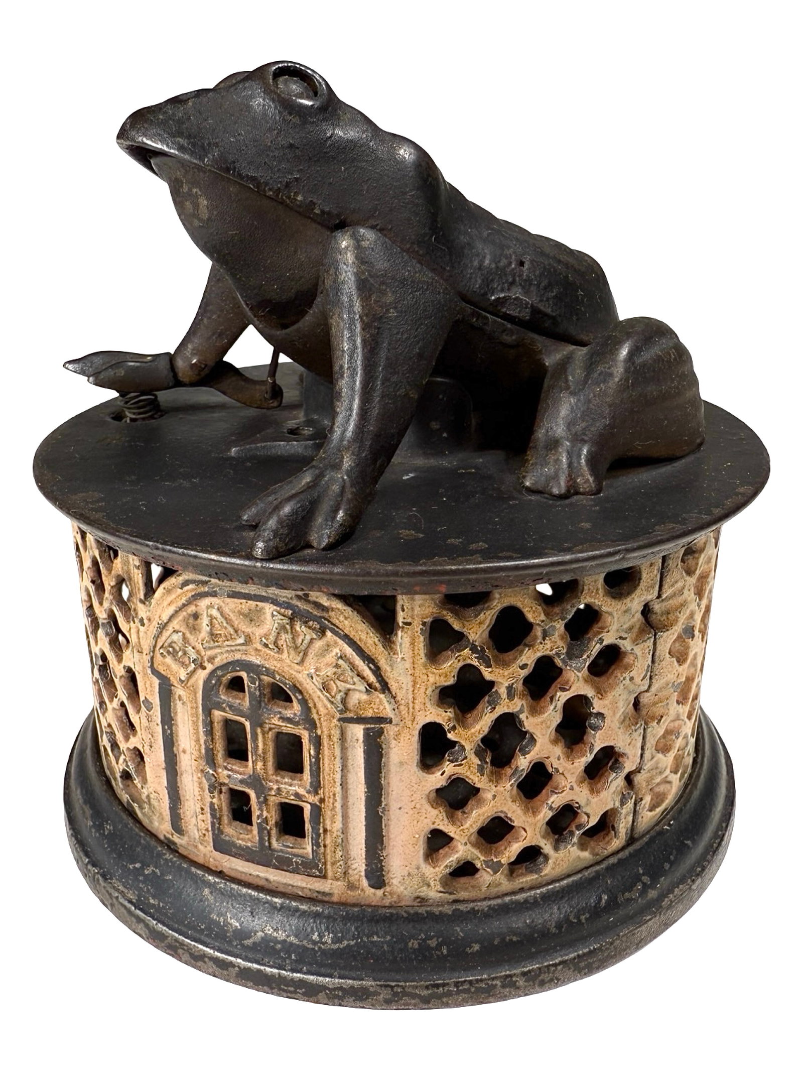 Frog on Lattice Base - Finished Lavender and Brown: Made by J. & E. Stevens Company. Cromwell, Connecticut - Ca. 1880.