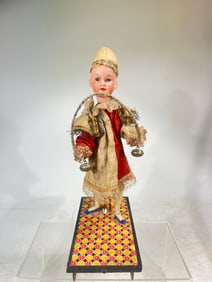 Articulated Jester on Base Bisque, Cloth, Wood