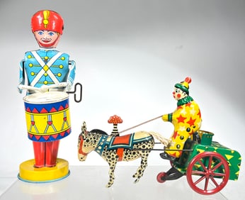 Tin Drummer and Clown Cart Windup Toys