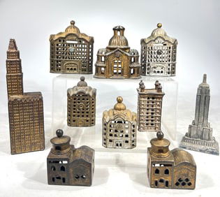 Ten Cast Iron Architectural Banks, Assorted Sizes