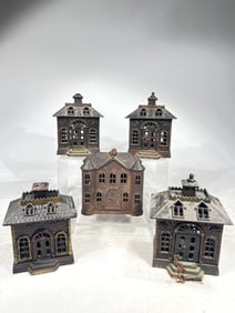 Five Cast Iron Building Banks, Various Heights