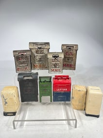 Seven Cast Iron Mailbox/Three Alloy Refrigerator Banks, Various Heights
