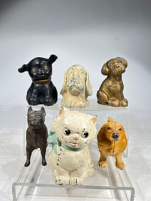 Five Dogs/Cat Banks- Most Cast Iron, Various Heights