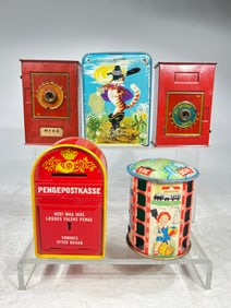 Five European Tin Register Banks, Various Sizes
