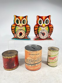 Five Tin Banks, Two Semi Mech Owls, Varying Sizes