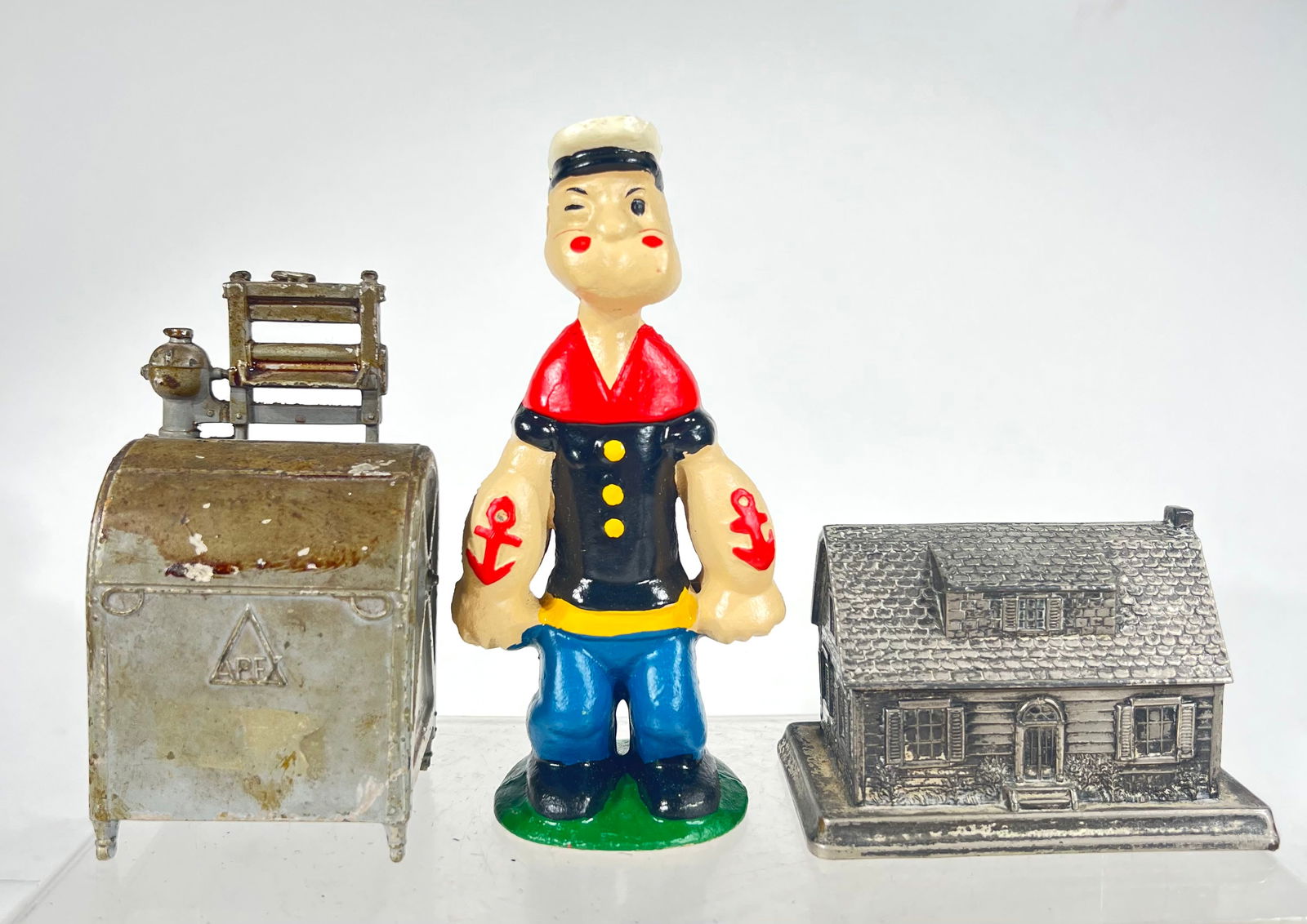 Three Banks/Two Cow Draw Wagons-Cast Iron: American 1920s, One Modern