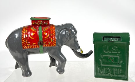 Two Porcelain Over Cast Iron Banks