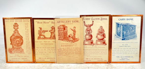 Five Sepia Mechanical Banks Trade Cards, Paper