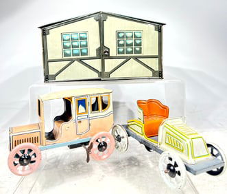 Tin Two Car Garage with Vehicles