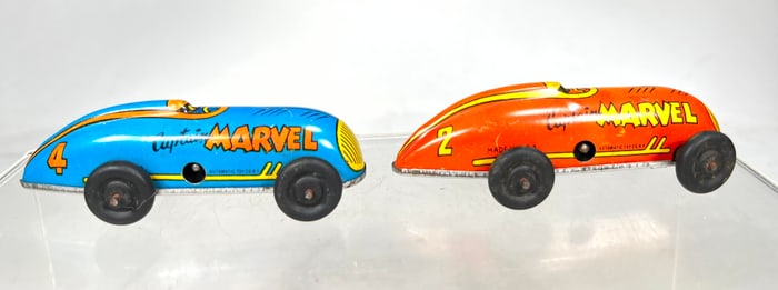 Two Tin Captian Marvel Windup Race Cars Blue and Orange