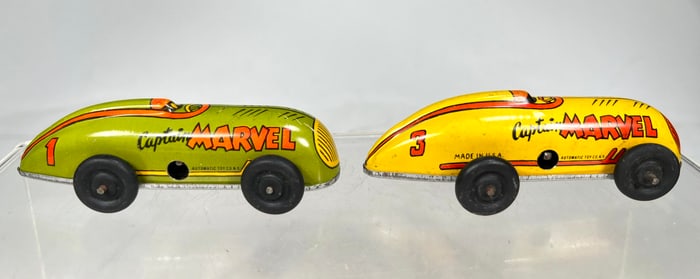 Two Tin Captian Marvel Windup Race Cars Yellow and Green