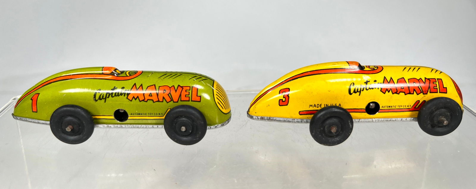 Two Tin Captian Marvel Windup Race Cars Yellow and Green (1 of 3)
