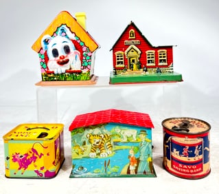 Five Tin Mechanical Banks Assorted Sizes