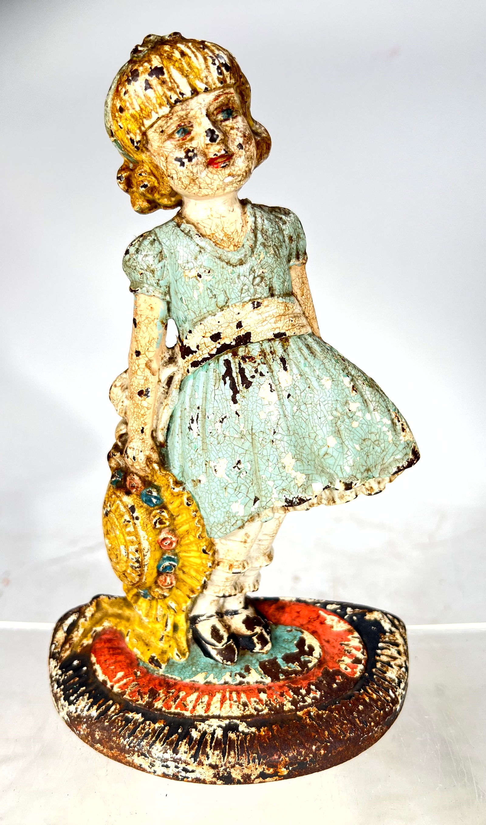 Girl with Bonnet Cast Iron Doorstep - Scarce: Trademarked WS - American 1930 - 8"T