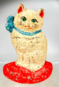 White Cat with Blue Collar Cast Iron Doorstop