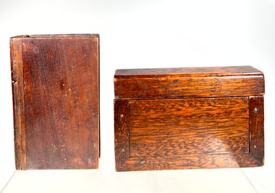 Two Wooden Early Book Banks with Hidden Traps to Retrieve Coins