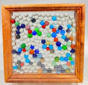 Assorted Machine-Made Marbles In a Frame About 180 in Total