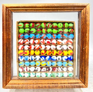 Assorted Machine-Made Marbles Boxed Marble Set 100 in Total: Professionally Framed (9" T x 9" W) Made by J.E. Albright Co., Ravenna, OH- 1920s
