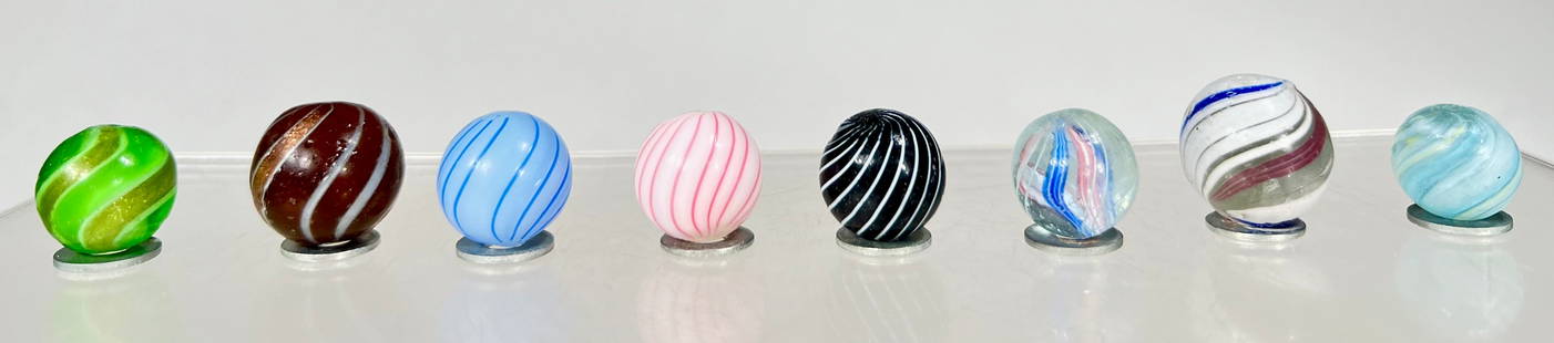 Swirl/Peppermint Swirl Marbles (8 total): American-Handmade 1910 to 1940- 15 to 25mm Wide