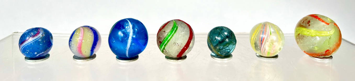 Assorted Swirl Marbles (7 total): American Handmade 1910 to 1930- 16 to 27mm Wide