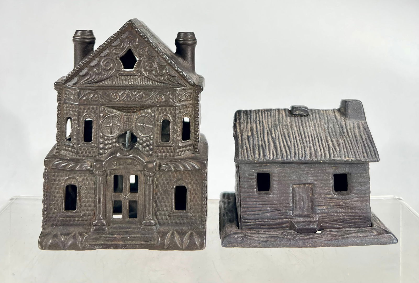 Two Cast Iron Building Banks: American 1890s- 2 1/4" to 4" Tall