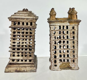 Two Cast Iron City Themed Still Banks