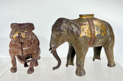 Two Cast Iron Animal Banks, Seated Bulldog/ Elephant