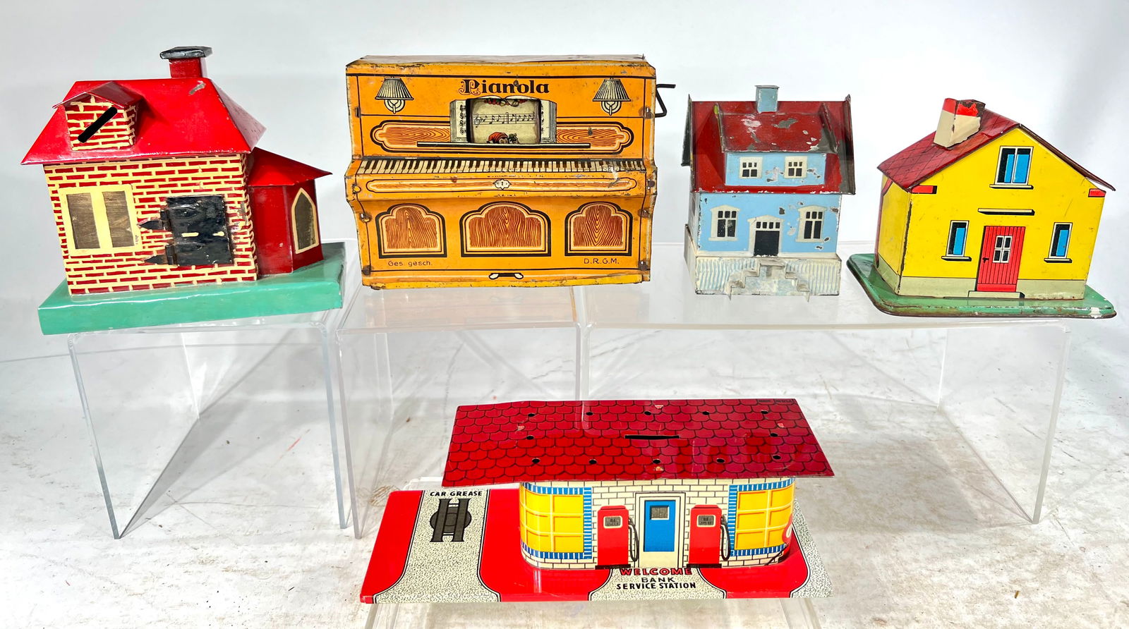 Four Tin Building Banks/ Pianola Piano: American/German 1930 to 1950s- 3 1/2" to 8 1/4" Wide