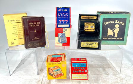 Twelve Tin/Glass Still Banks (Seven are cash registers)