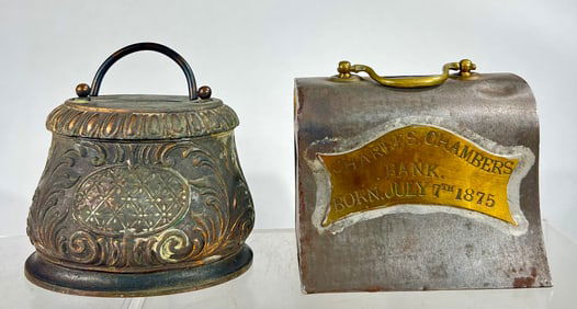 Lot - Two Purse Themed Banks Sheet Tin/ Cast Iron