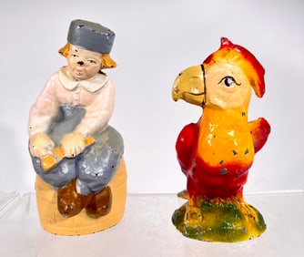 Two Colorful Still Banks Dutchboy/Parrot (Alloy) Both with Key Lock Traps