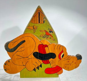 Folk Art Comic Themed Wooden Still Bank