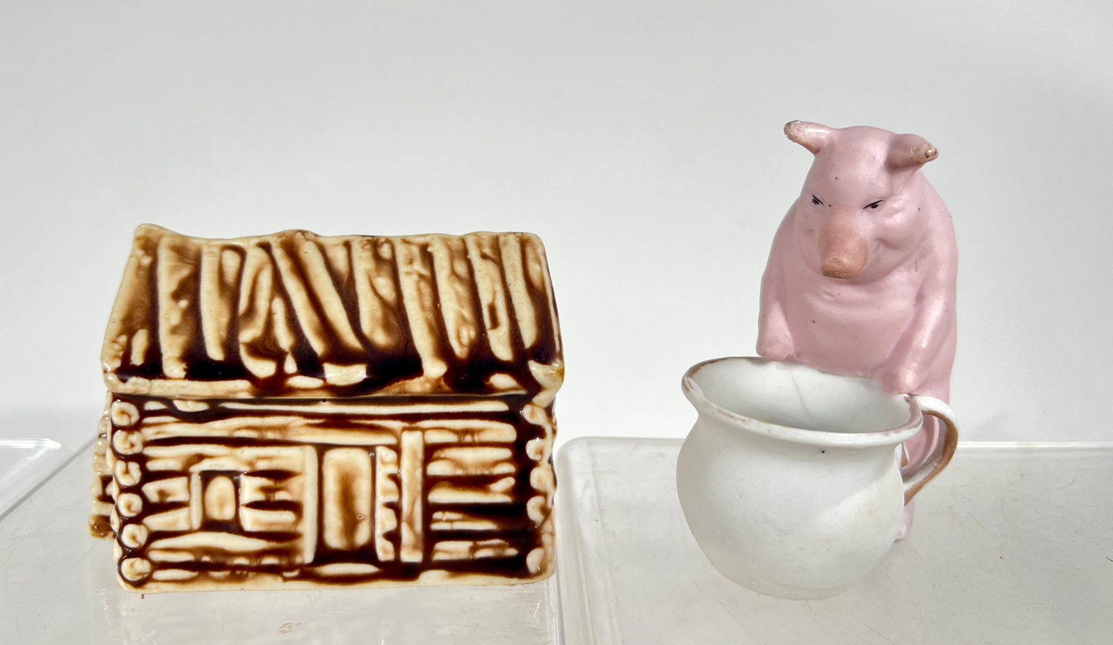 Van Dyk Teas Lincoln Cabin with a Bisque Urinating Pig: Austrian 1920s - 3" / 3 3/4" L
