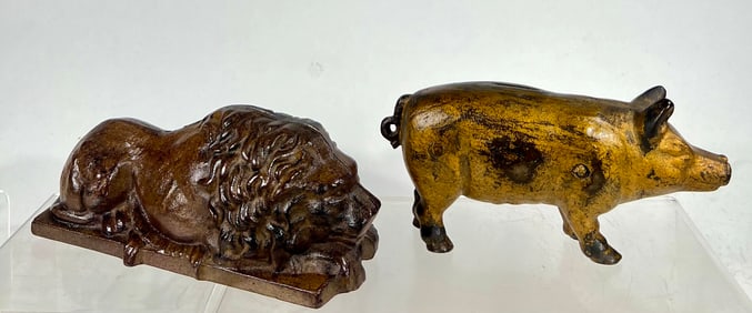 Recumbent Lion/ Pig Cast Iron Banks