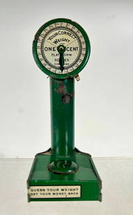 Guess Your Weight Tin Mechanical Bank: Silver Mirror Co. Inc. Chicago Ill 1920s - 5 1/4" TX 2 3/4" W
