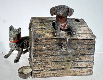 Spelter Dog House with Cat and a Dog Bank