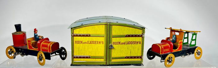 Windup Tin Pumper & Hook & Ladder Complete with Garage