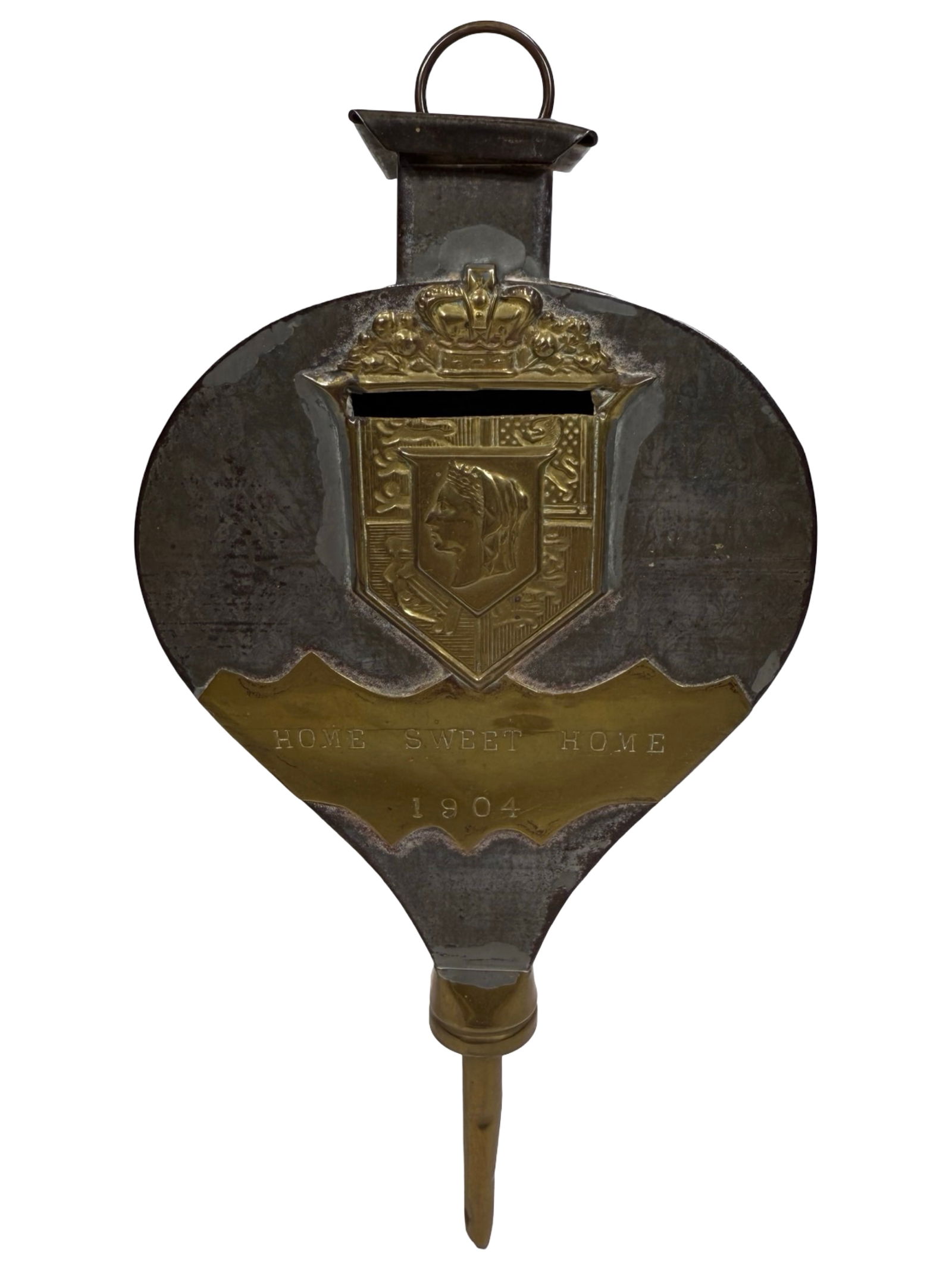 Tin and Brass Bellows Still Bank: Plaque Says "Home Sweet Home". Englished - Dated 1904. 7 3/4" Tall.