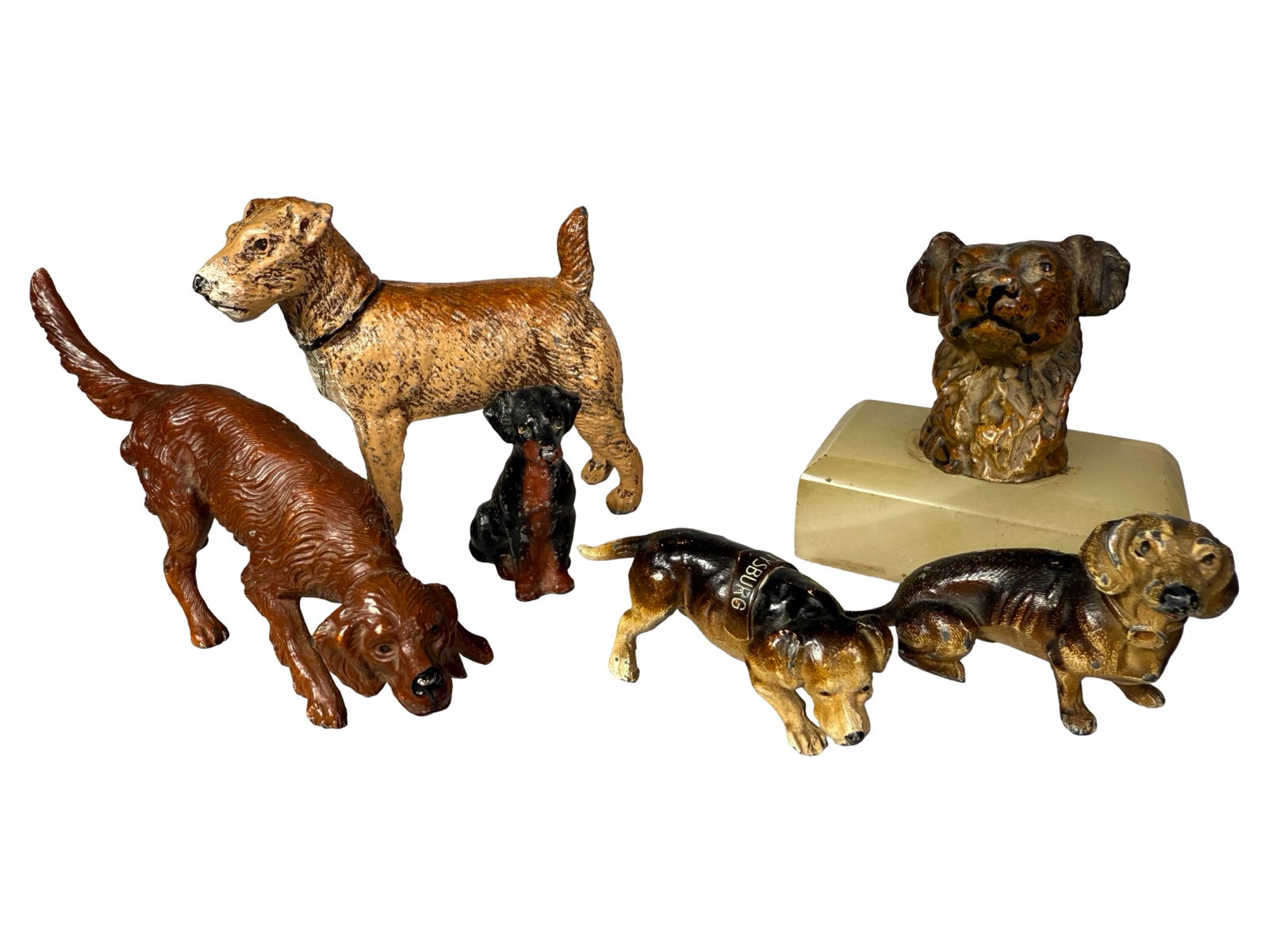 Six Lead Dog Paperweights: Most are German -1920's/1930's - 1" to 2 1/2" Tall.