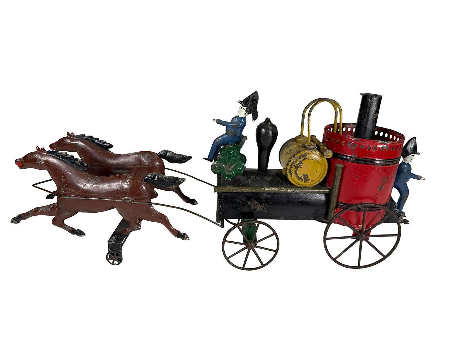 Fire Pumper with Dexter Horses: Made by the James Fallows Company. Philadelphia - 1880's - 21" Long. From the collection of Gary Smith. Vividly hued and large in scale, this handsome tin fire toy must have provided great joy for all