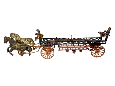 Two Horse Hook & Ladder Iron Toy with Original Wooden Box