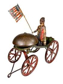 Rare Lady Columbia Bell Ringer Waving Her Original Tin Flag