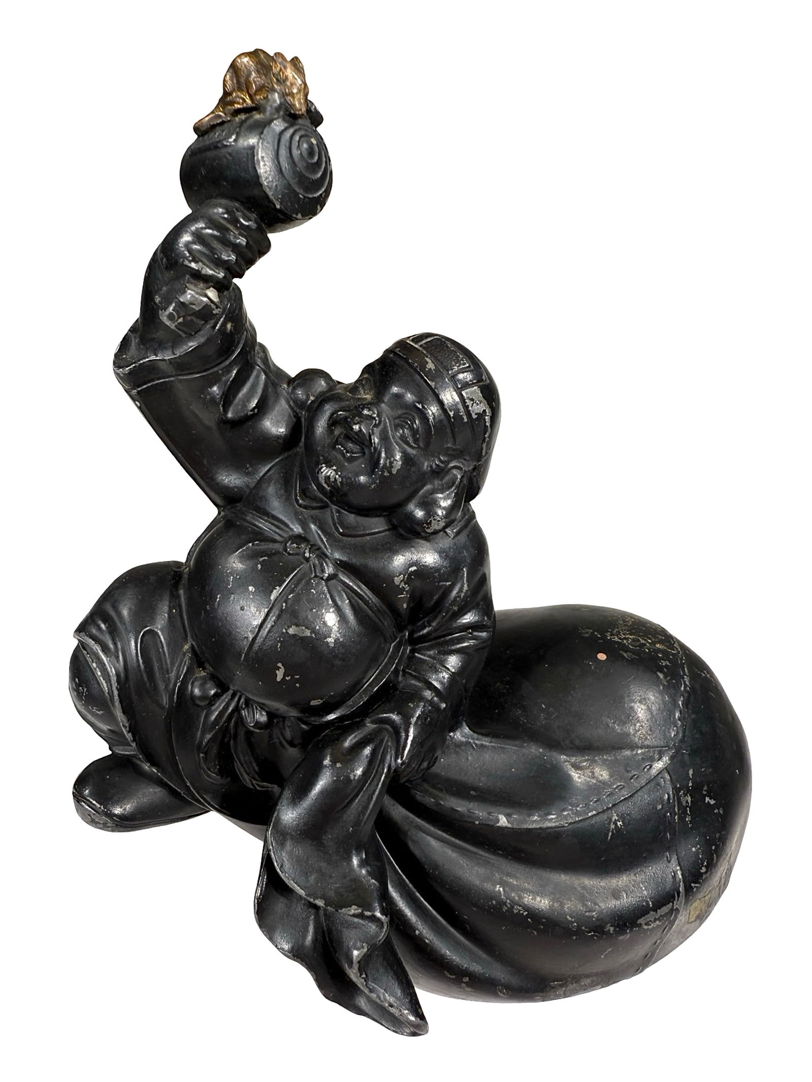 Daikoku Sitting on Pillow Bank: The Gold of Wealth. Japanese - 1930's. Made of Lead - 6 1/4" Tall.