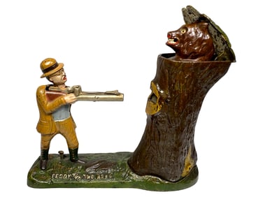 Teddy and the Bear - Brown Tree - Cast Iron Mechanical Bank